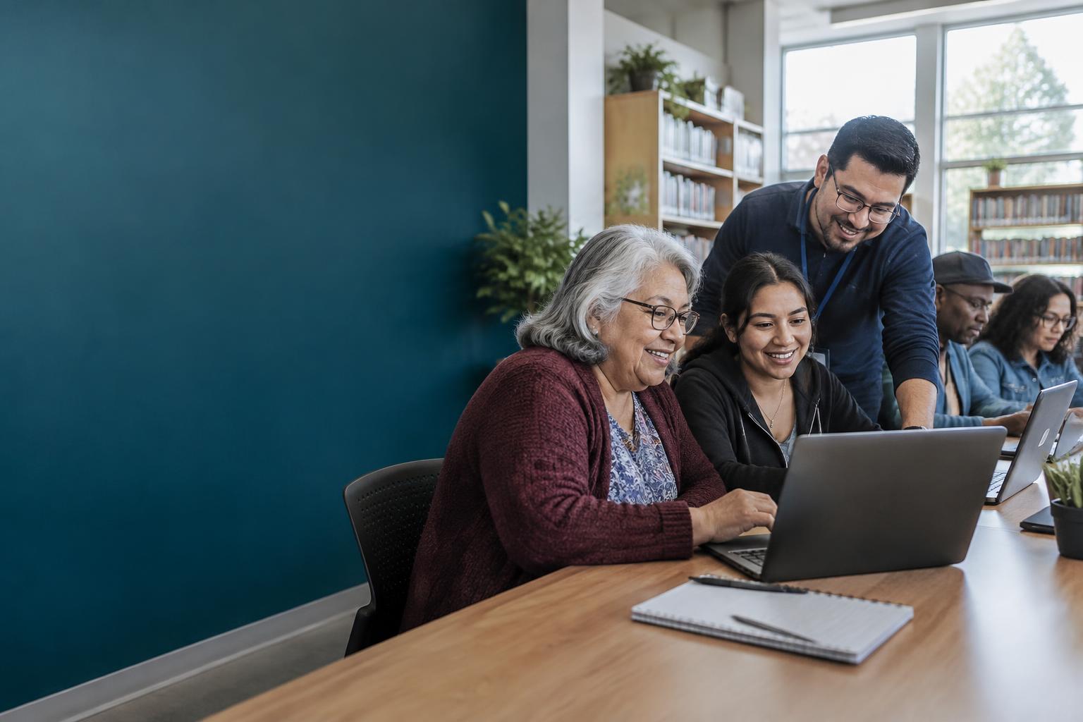 Adult learners exploring technology together in a community classroom